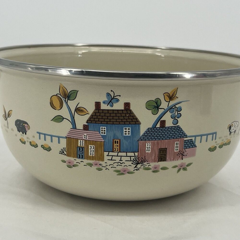 Vintage Enamelware Mixing Bowl 8" Country Village Folk Art Farmhouse Sheep